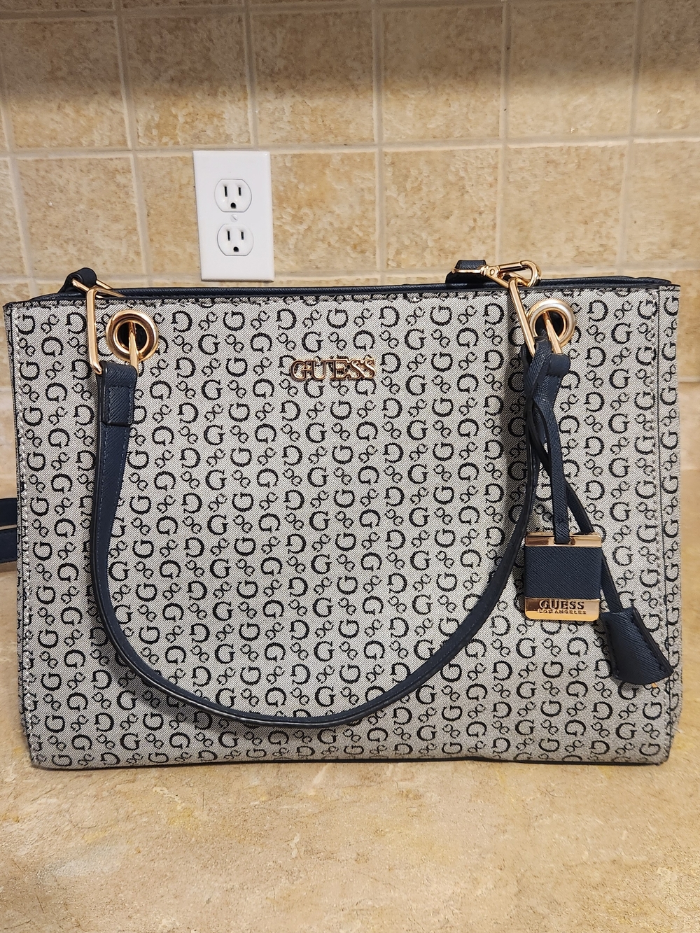 Guess Cream and Navy Signature Tote with Gold Hardware